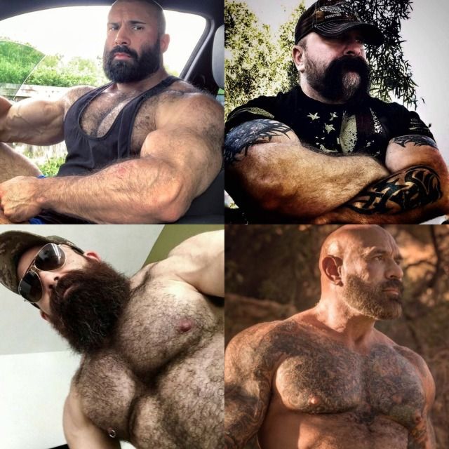 three pictures of a man with beards and no shirt in the back seat of a car