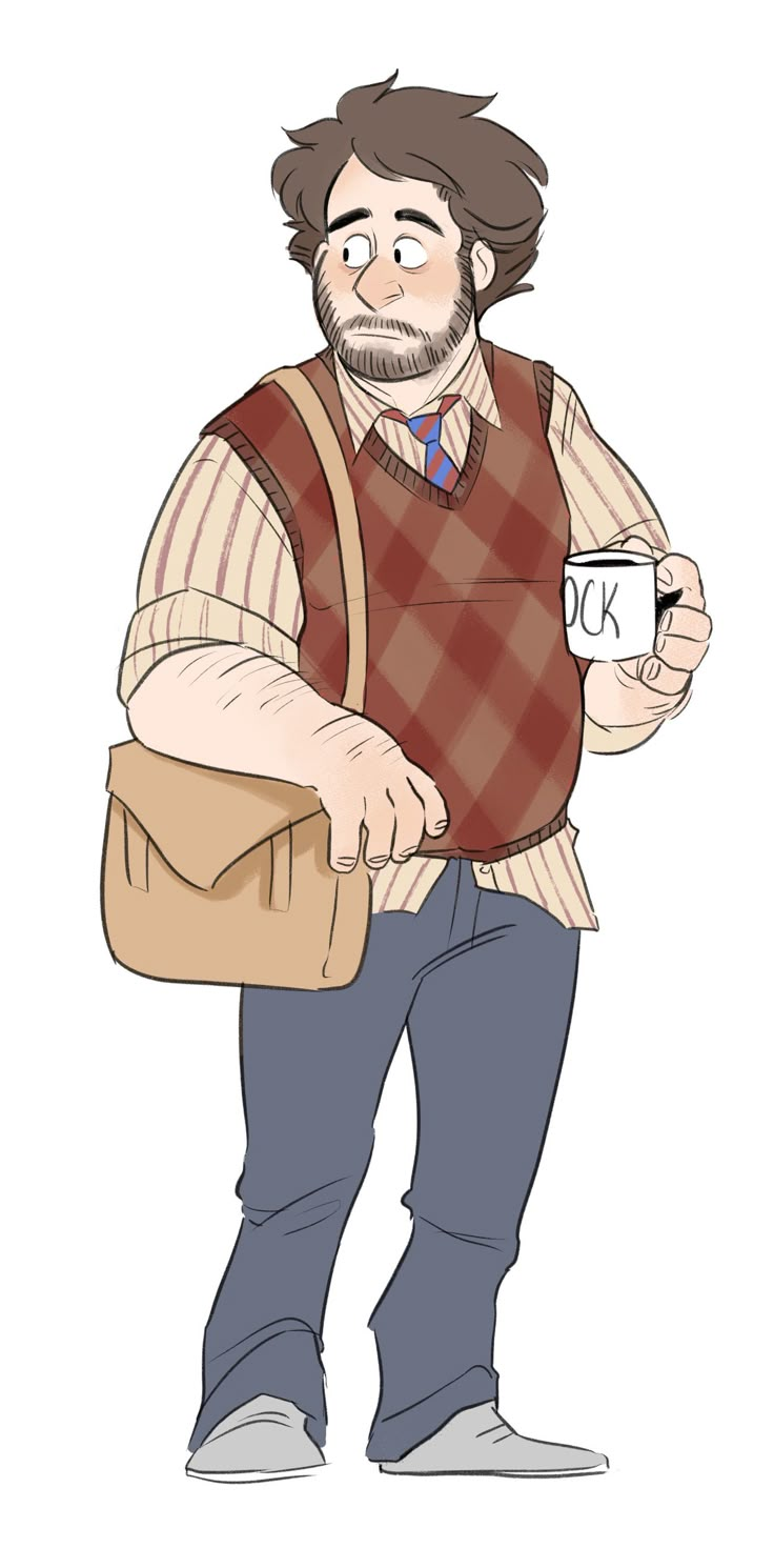 a man holding a coffee cup in his hand and wearing a plaid shirt with suspenders