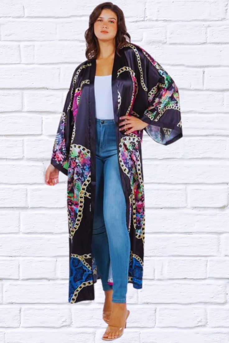 Introducing our FASHION KIMONOS COVER UP - a timeless piece of summer elegance. The black print with cerise pink paisley adds an elegant and chic touch to any outfit. Elevate your style with this exclusive piece. maxi kimonos, long sleevesModel size small 5'9" 32-25-35 Dress 2 Bust 52 inches, Length 55 inches Fabric Contents: 100% POLYESTER Summer Elegance, Maxi Kimono, Smart Casual Wear, Kimono Sweater, Cerise Pink, Pink Paisley, Dress Pant, Unique Outfits, Kimono Fashion