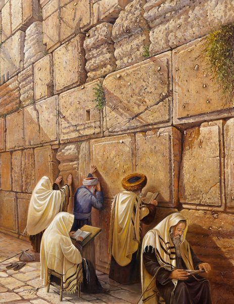 a painting of men praying at the western wall