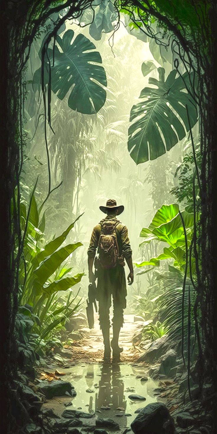 a man with a hat is walking in the middle of a jungle area, surrounded by plants and rocks