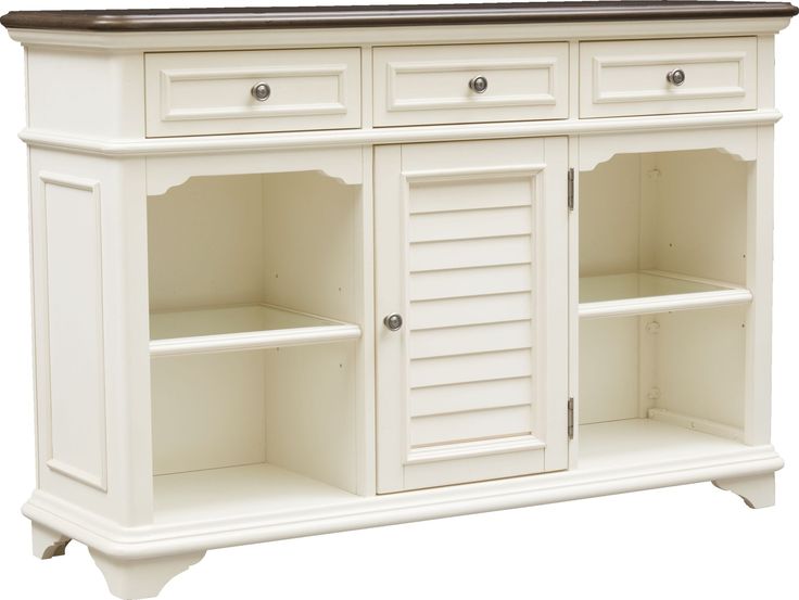 a white cabinet with shutters and drawers on the bottom shelf is shown in front of a white background