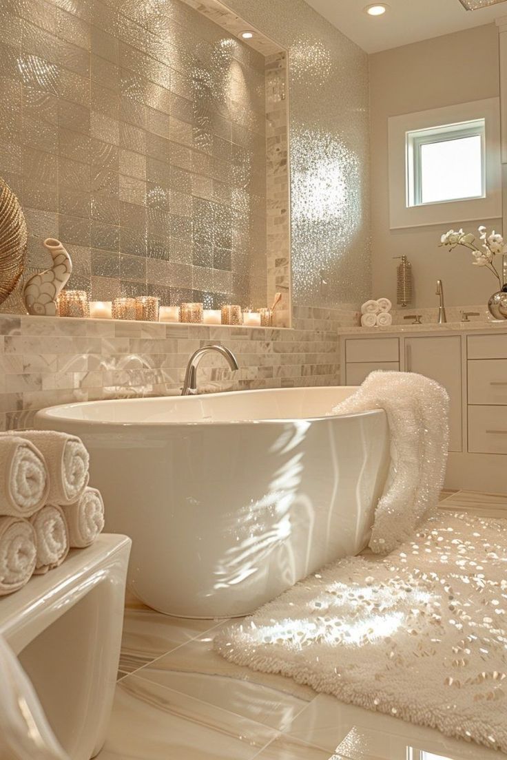 a bath room with a large tub next to a sink and a mirror on the wall