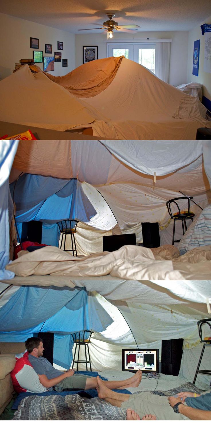 there are many tents set up in the room to be used for sleeping and relaxing