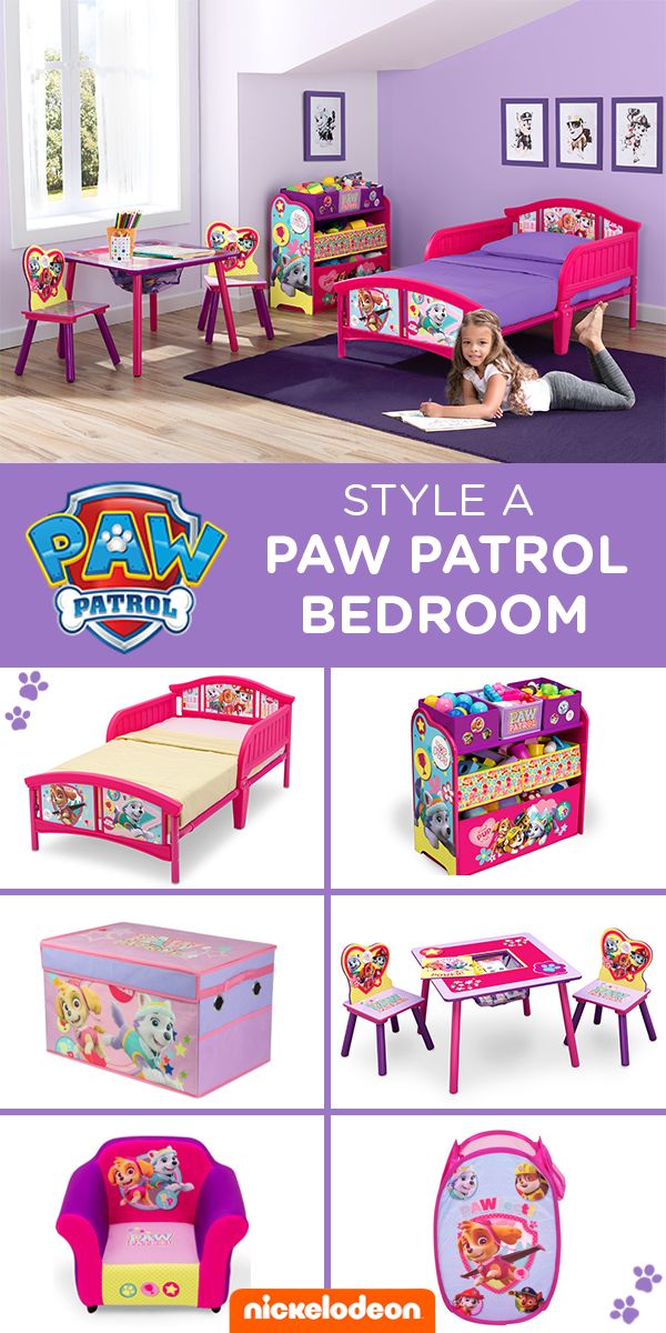 children's bedroom furniture with paw patrol bed, table and chairs in pink colors