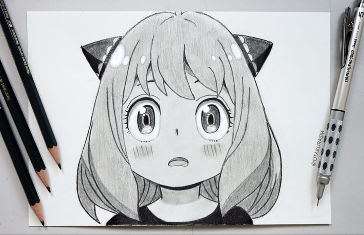 a pencil drawing of a girl with horns on her head and cat ears over her eyes