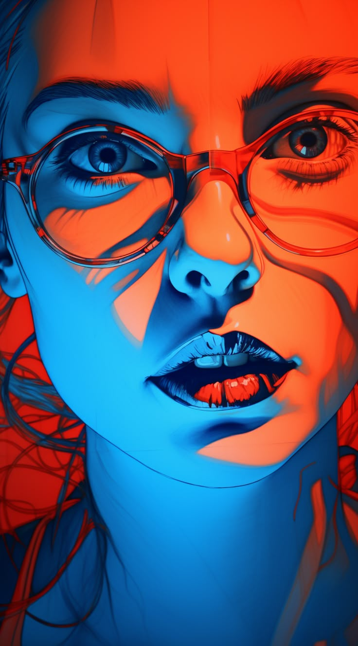 a painting of a woman wearing glasses with red and blue light coming from her face