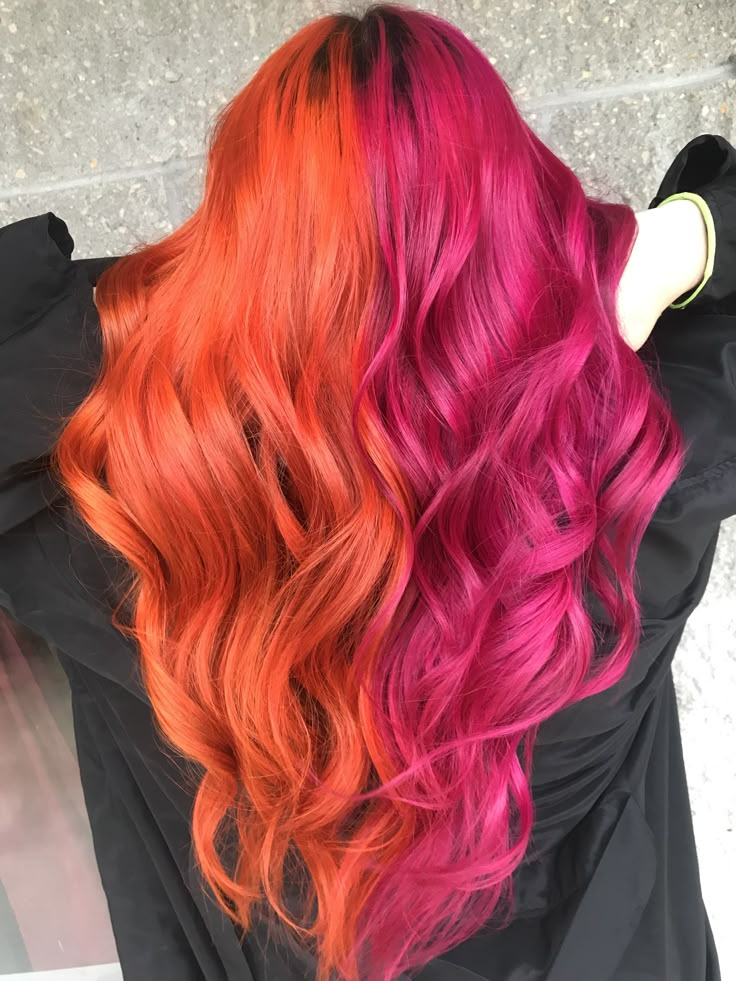 Split Pink Hair, Orange To Pink Hair, Split Dye Orange, Pink Red Orange Hair, Red And Pink Split Dye, Half Pink Half Orange Hair, Pink And Red Hair Split, Orange Pink Hair, Orange And Pink Outfit