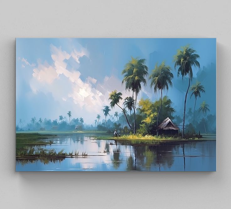 an oil painting of palm trees and a hut on the water's edge with blue sky in the background