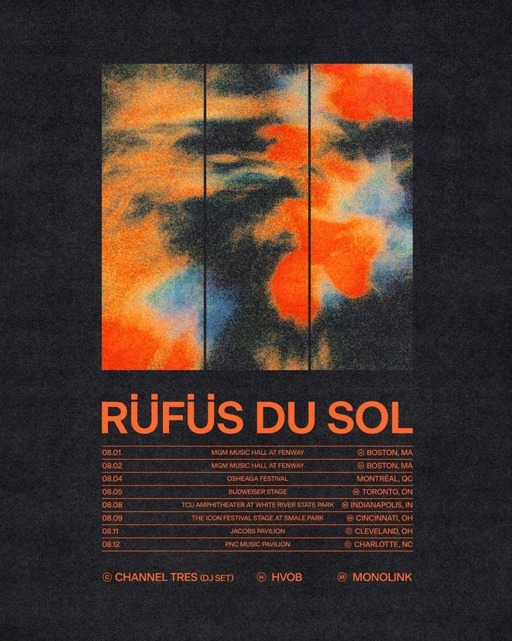 the poster for rufus du sol is shown in orange, blue and black