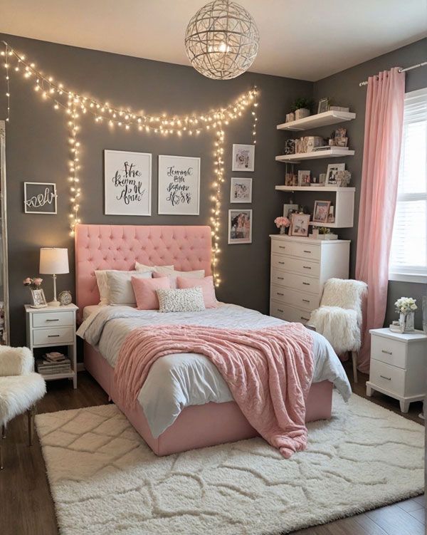 a bedroom decorated in pink and gray with lights on the headboard, rugs and bedding