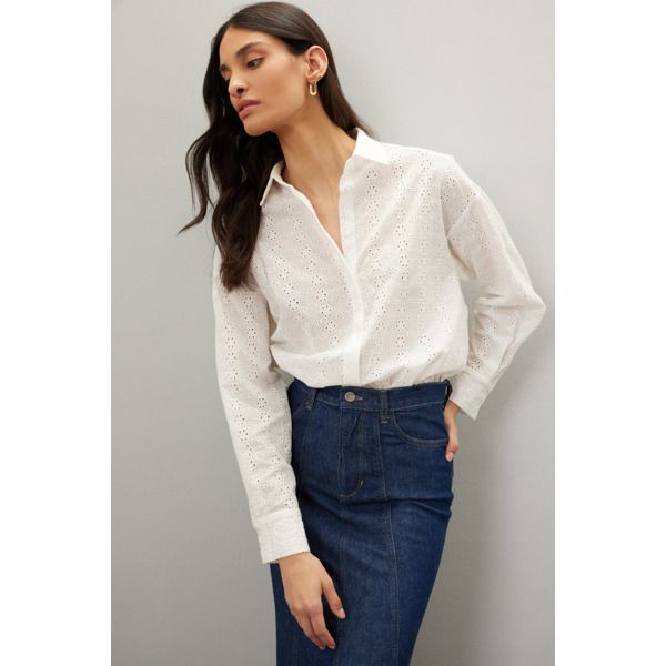 White cotton (100% Cotton). Top. Long sleeves. Collared neckline. Front button closure. 59" from shoulder to hemline. Imported. Rent The Runway, Tall Girl, White Eyelet, Jason Wu, Office Casual, Tailored Trousers, Cotton Top, White Cotton, Casual Chic