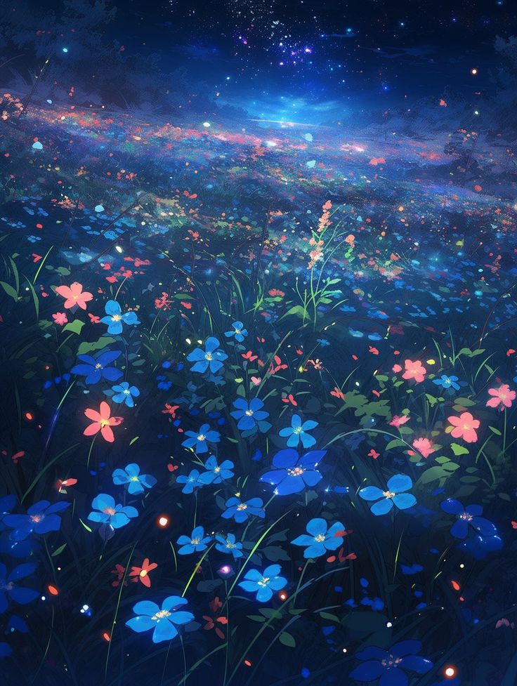 a field full of blue and pink flowers under a night sky