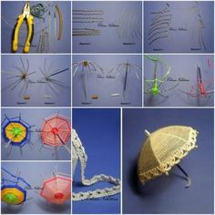 there are many different pictures of umbrellas made out of string and yarn, including one with an ornament on it