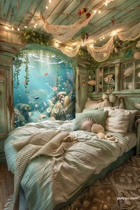 an underwater bedroom is decorated with string lights and fish in the water on the wall