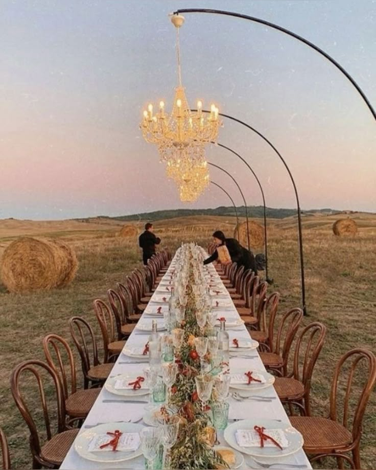 a long table is set with plates and utensils for an outdoor dinner party