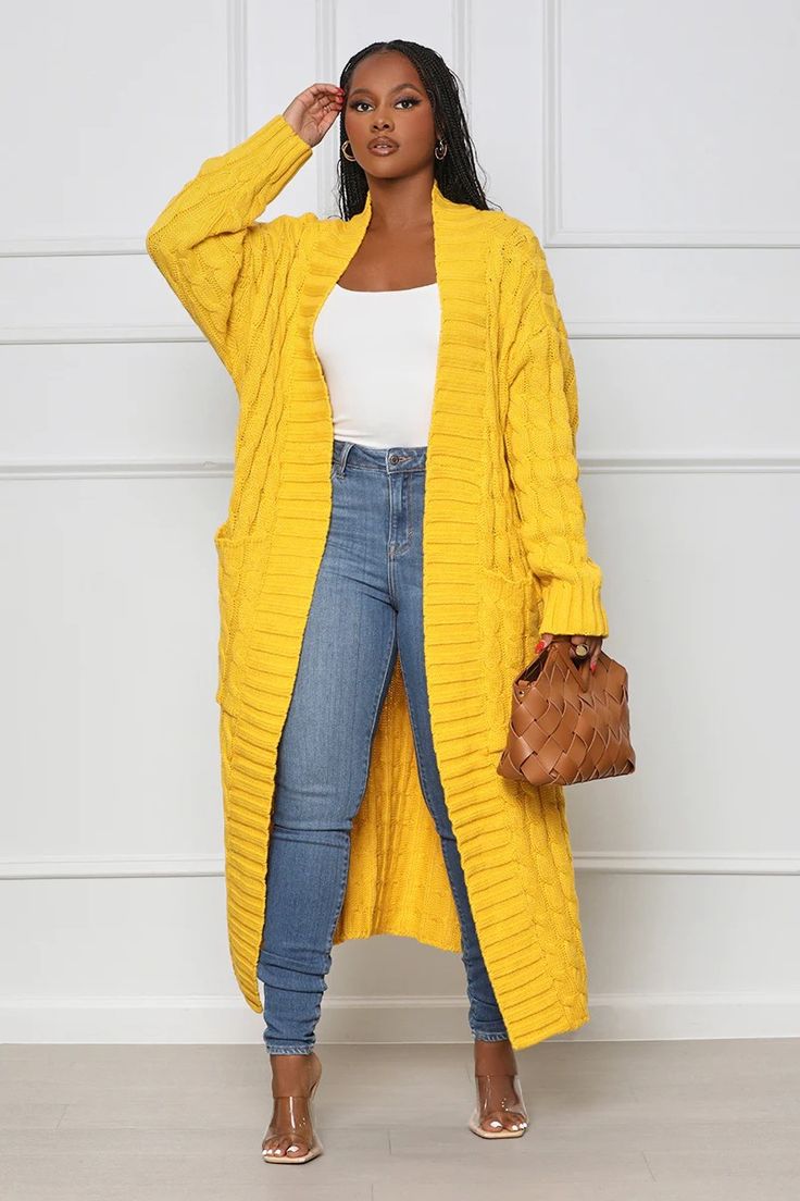 Winter Crochet Loose Long Twist Sweater Cardigan Knit Pocket, Looks Jeans, Charlotte Dress, Knit Sweater Coat, Patchwork Cardigan, Áo Len Cardigan, Cardigan Casual, Yellow Cardigan, Gilet Long