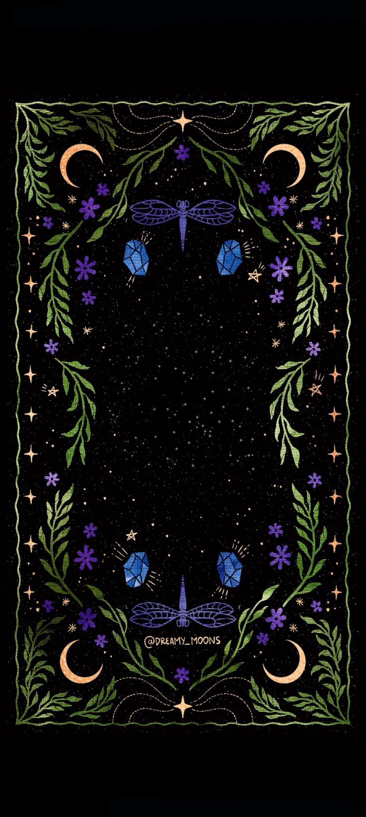 a black square with blue flowers and dragonflies in the center, surrounded by stars