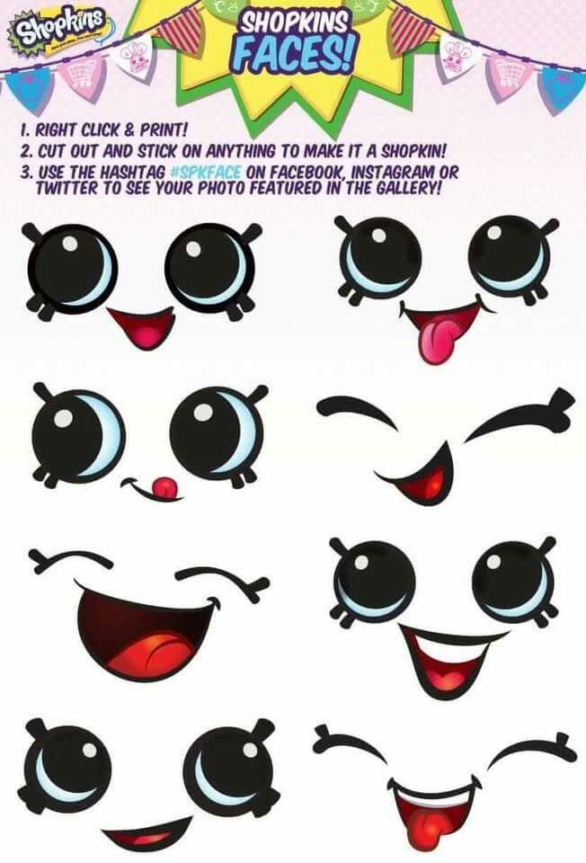 an advertisement for the shopkins face sticker sheet with various eyes and mouth shapes