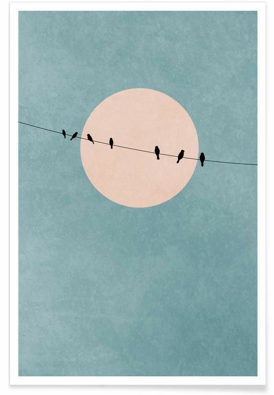 birds sitting on a wire with the moon in the background