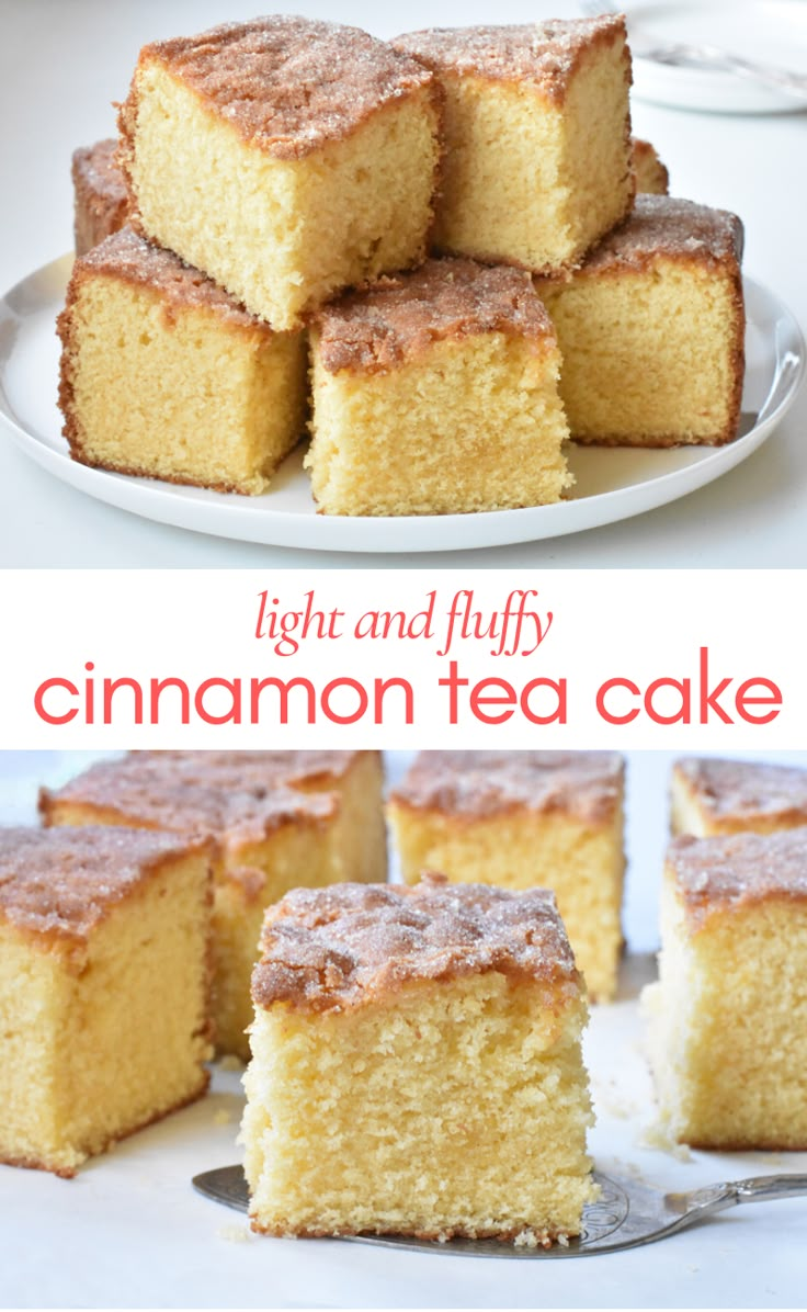 there are several pieces of cinnamon tea cake on the plate and one is cut in half