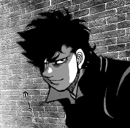 an anime character standing in front of a brick wall with his head tilted to the side