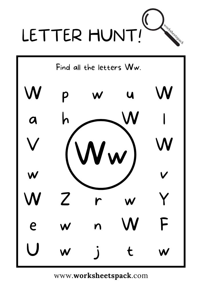 a letter hunt worksheet with the word w and an image of a magnifying