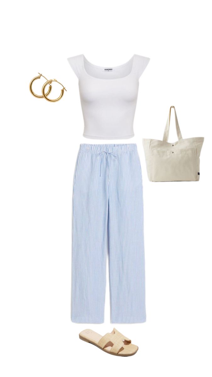 blue linen pants, white shirt, tote bag, hoop earrings Blue Striped Pants Outfit, Blue Linen Pants Outfit, Old Money Fits, Blue Linen Pants, Linen Pants Outfit, Summer Pants Outfits, Stockholm Style, New Closet, Stockholm Fashion