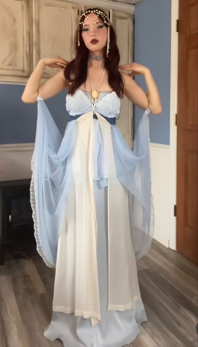 Greek Female Outfit, Greek Muses Costume, Mermaid Theme Outfit Women, Goddess Theme Party Outfit, Mythology Fashion Inspiration, Greek Mythology Outfits Goddesses, Water Witch Costume, Poseidon Costume Woman, Greece Dress Aesthetic