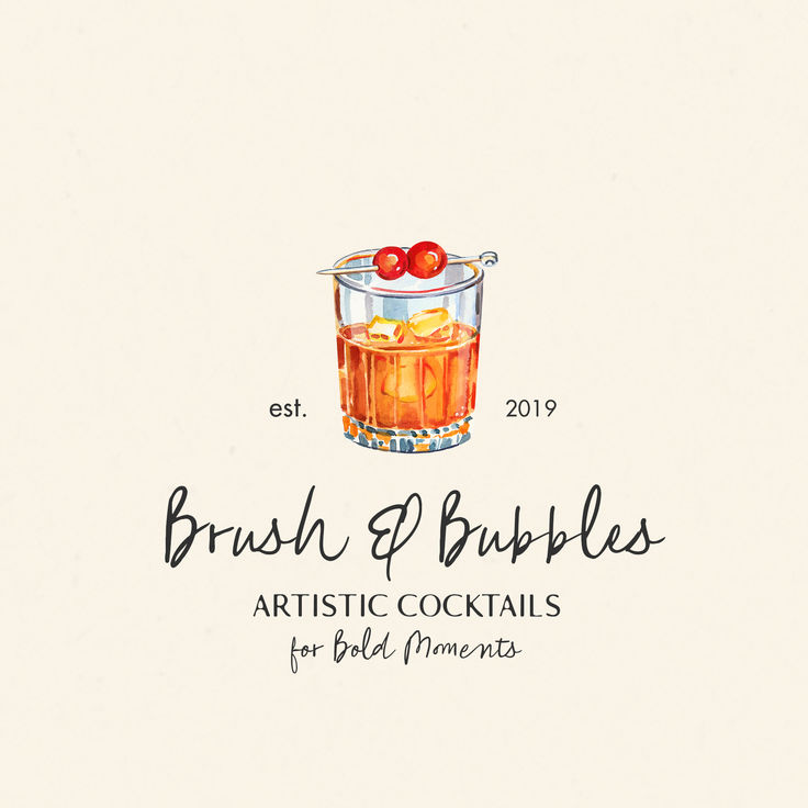 a drawing of a glass with some drinks in it and the words brush & bubbles artistic cocktails for bold moments