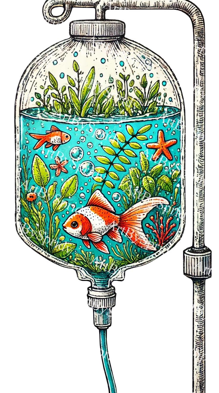 a drawing of an aquarium with goldfish in it