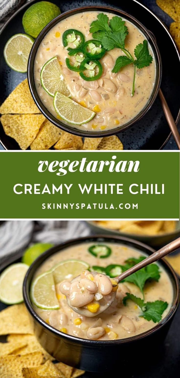 two bowls filled with creamy white chili and topped with tortilla chips, lime wedges and cilantro