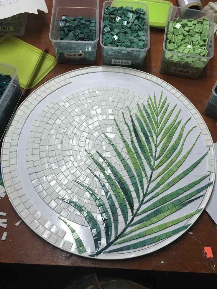 a white plate topped with green leaves next to plastic containers filled with rocks and gravel