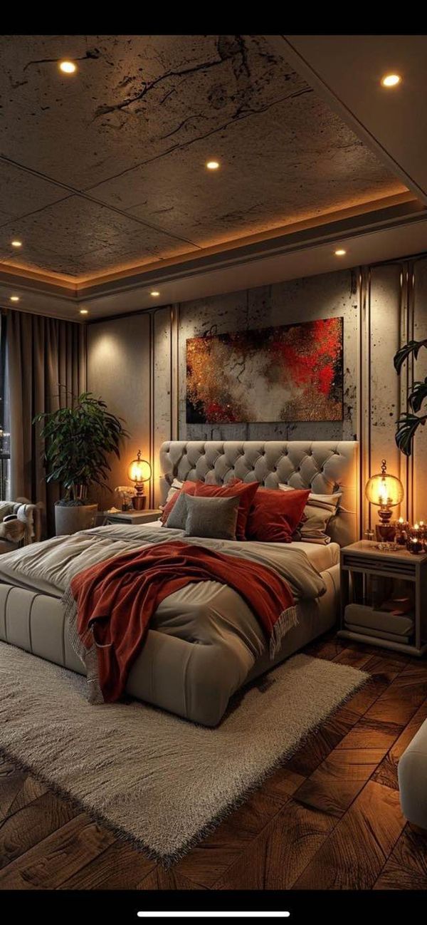 a large bed sitting in the middle of a living room next to a tall window