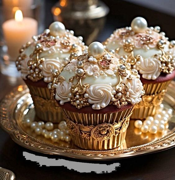 some cupcakes are sitting on a gold plate