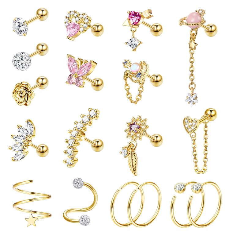 PRICES MAY VARY. 💕FASHION STUD EARRING SET:One Order You can Get 18 PCS Cartilage Earrings, Including: 12 Pcs Cartilage Earrings Studs+4 Pcs Cartilage Earrings Hoop+2 Pcs S-Shape Ear Cuff/ Wrap Earrings, Fashion Style Makes It Stands out Among all Other Cartilage Earrings, So Dainty and Adorable. Deserved to Buy. 💕HIGN QUALITY MATERIAL: These Cartilage Earrings are Made of 316L Surgical Steel with CZ, Will not Get Skin Allergy, Healthy and Rust-resistant, Nickel-free and Lead-free, Suitable fo Tragus Piercing Jewelry, Heart Leaf, Helix Piercing Jewelry, Cartilage Earrings Stud, Cartilage Earrings Hoop, Cartilage Earring, Tragus Earrings, Dainty Studs, Gauged Earrings