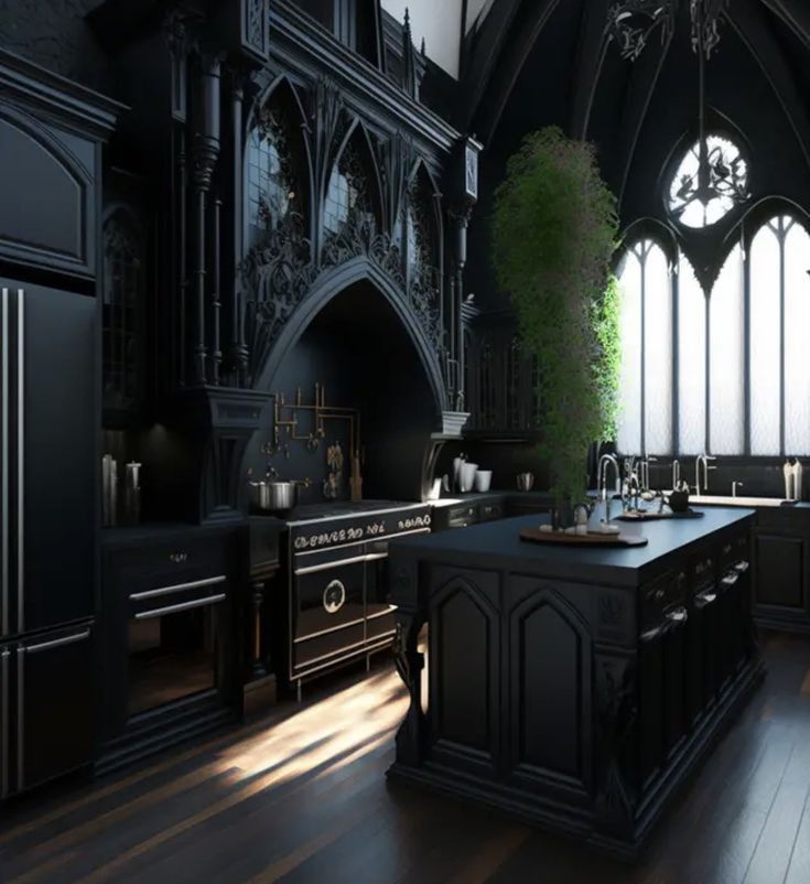 a large kitchen with black cabinets and wooden floors