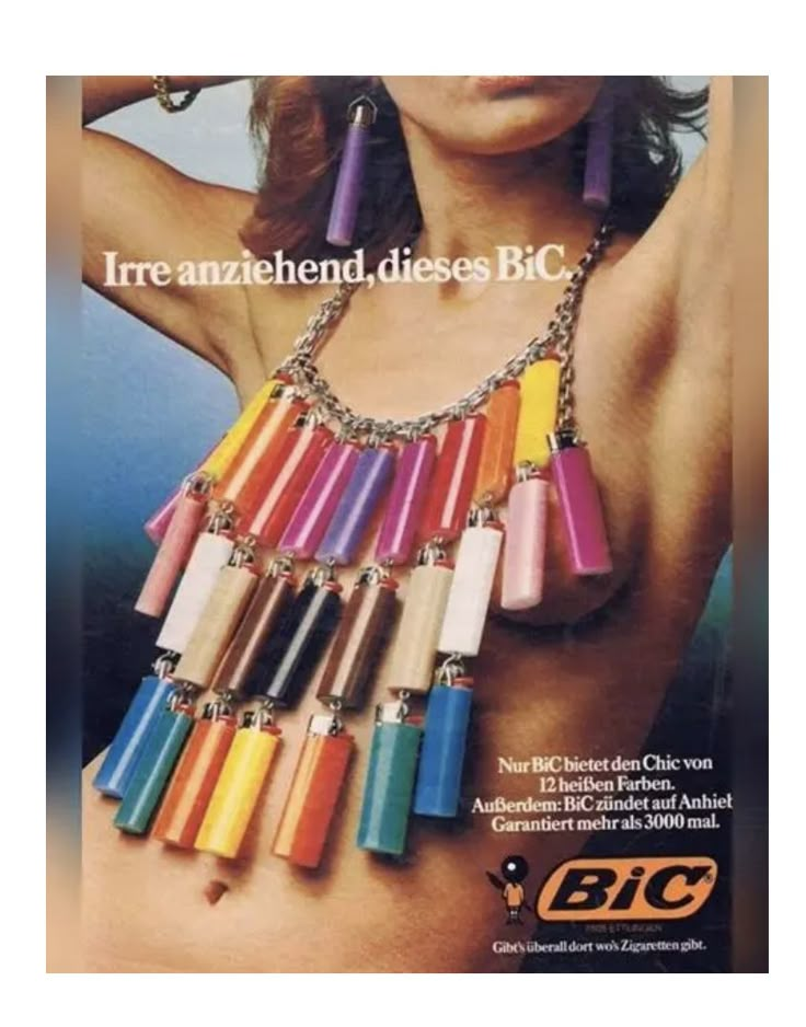 an advertisement for bic's jewelry featuring multicolored necklaces and earrings