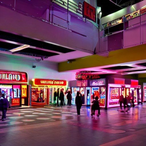 people are walking around in an indoor shopping mall with neon lights on the ceiling and signs above them