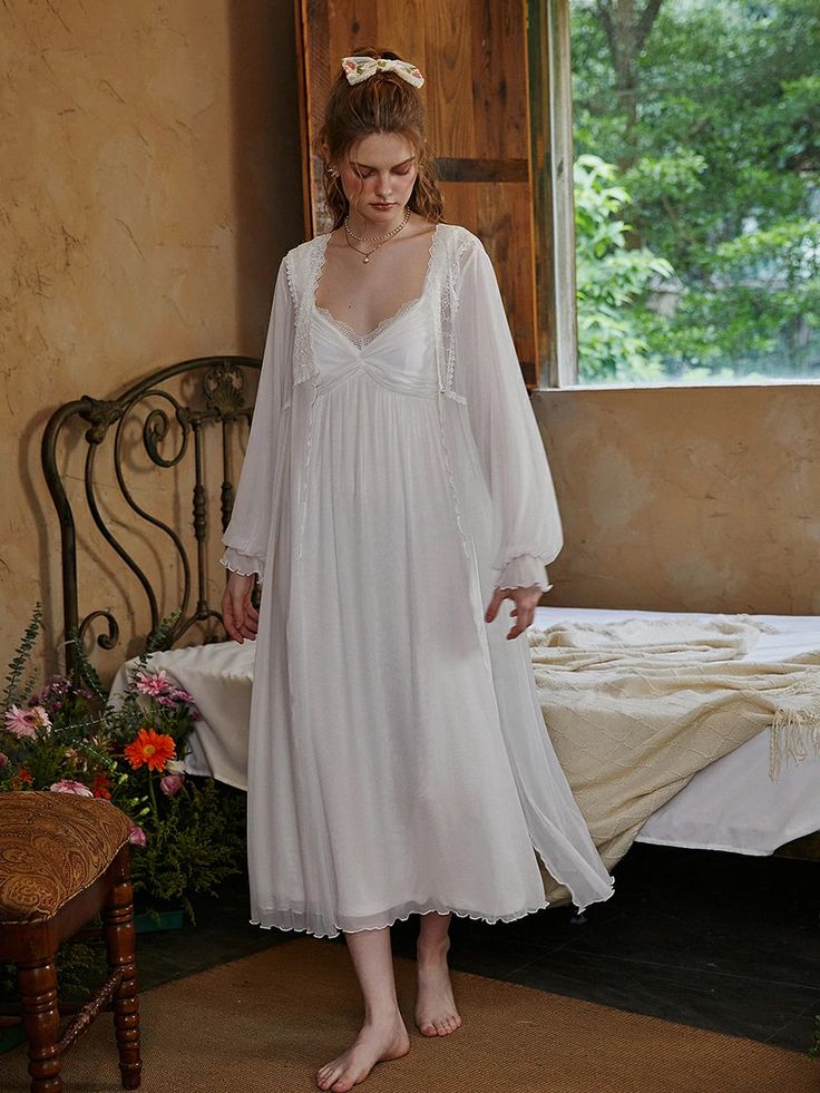 Slessic Romantic Vintage See-Through Mesh Lace Exquisite Embroidered Robe Double-Layer Slip Nightwear Nightgown Set Medieval Nightgown Aesthetic, Honeymoon Night Wear Romantic, White Nightgown Aesthetic, Lace Patchwork Gown For Wedding Night, Lace Long Sleeve Sleepwear For Wedding Night, Sheer Lace Wedding Night Gown, Feminine Long Sleeve Lace Sleepwear, Lace Gown With Sheer Bodice For Wedding Night, White Lace Long Sleeve Sleepwear