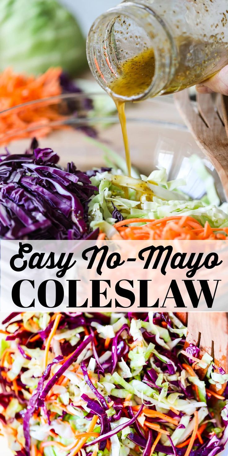 coleslaw being poured into a glass bowl with carrots, cabbage and celery