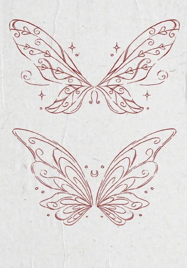 two butterflies with swirls and stars on their wings, one is drawn in red ink