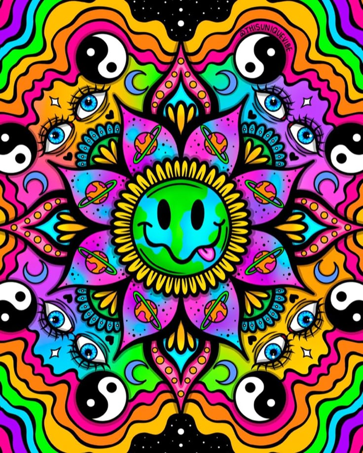 an image of a colorful flower with many different colors and shapes in the center, as well as eyes