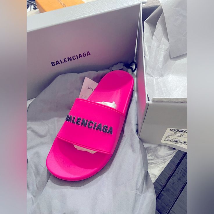 Authentic Comes With Receipt From Store. Balenciaga Slides, Bb Shoes, Balenciaga Logo, Fashion Aesthetics, Athleisure Outfits, Air Max 95, Yellow Fashion, Pool Slides, Mens Sandals