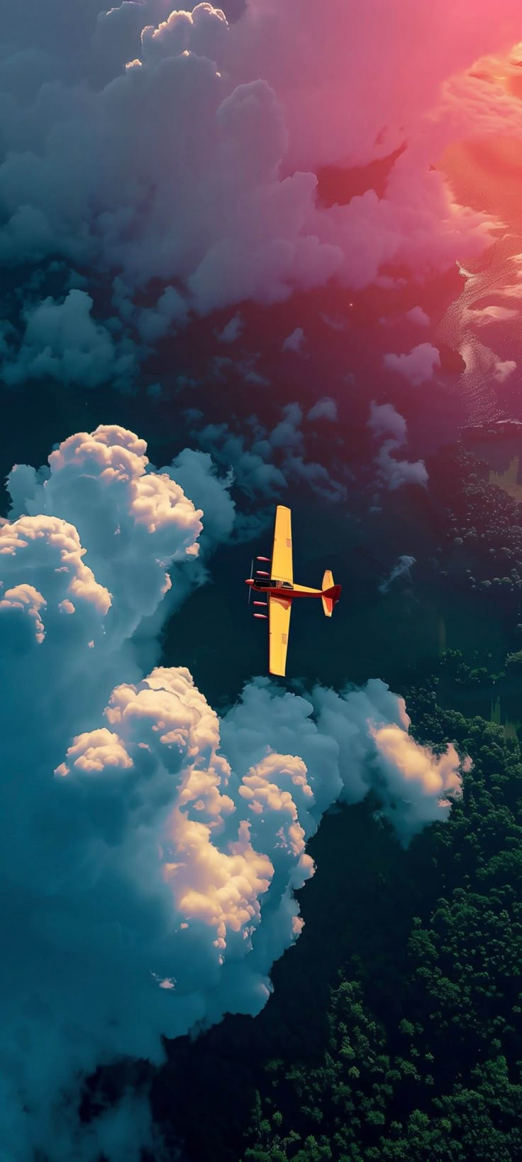 an airplane is flying high above the clouds