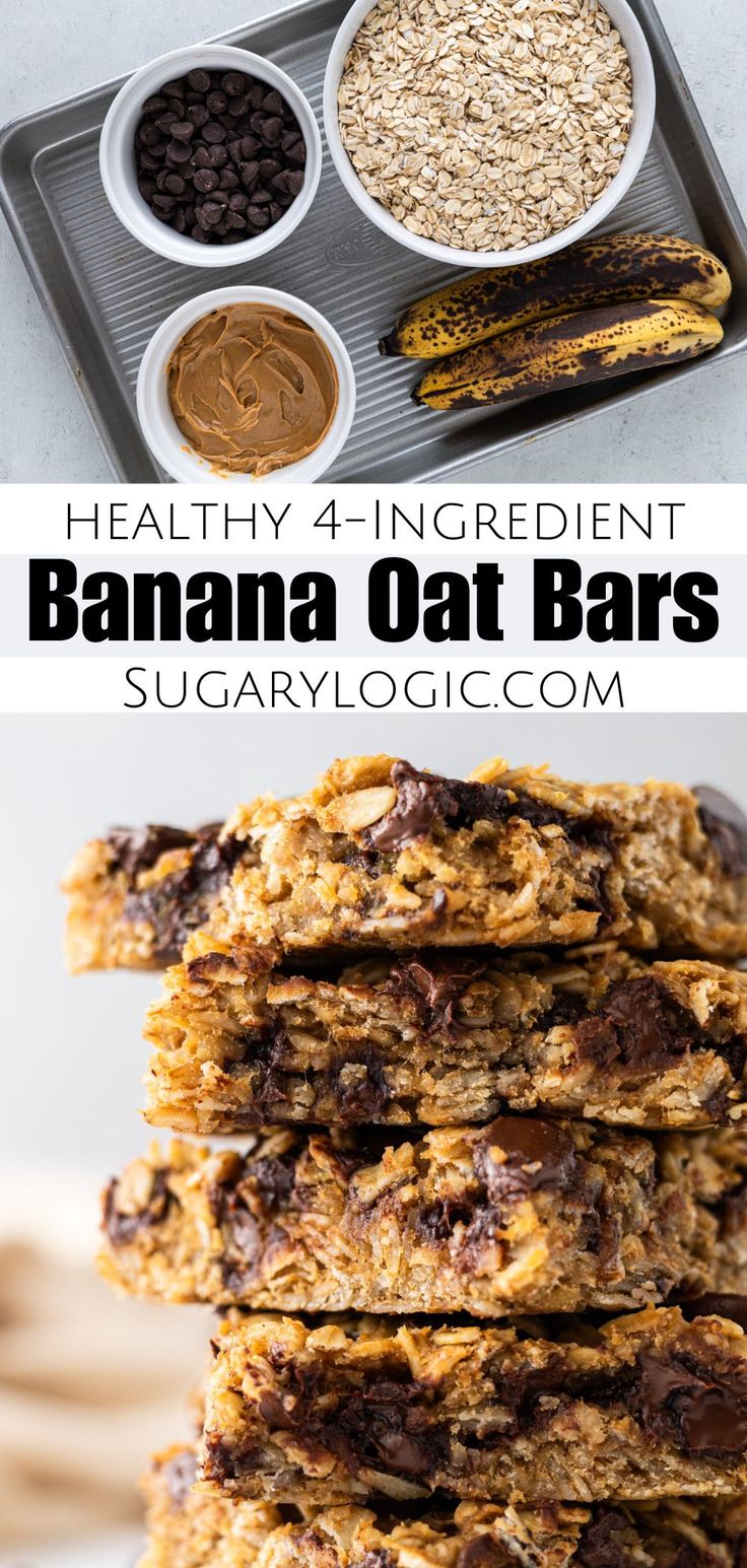 banana oat bars stacked on top of each other with chocolate chips and peanut butter