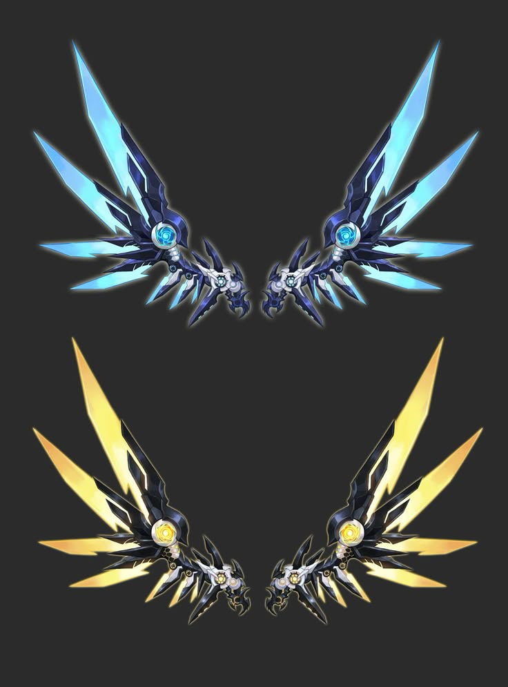 two wings with blue and yellow feathers on them, one has an evil eye in the center