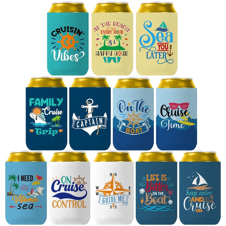 twelve can coolers with different designs on them