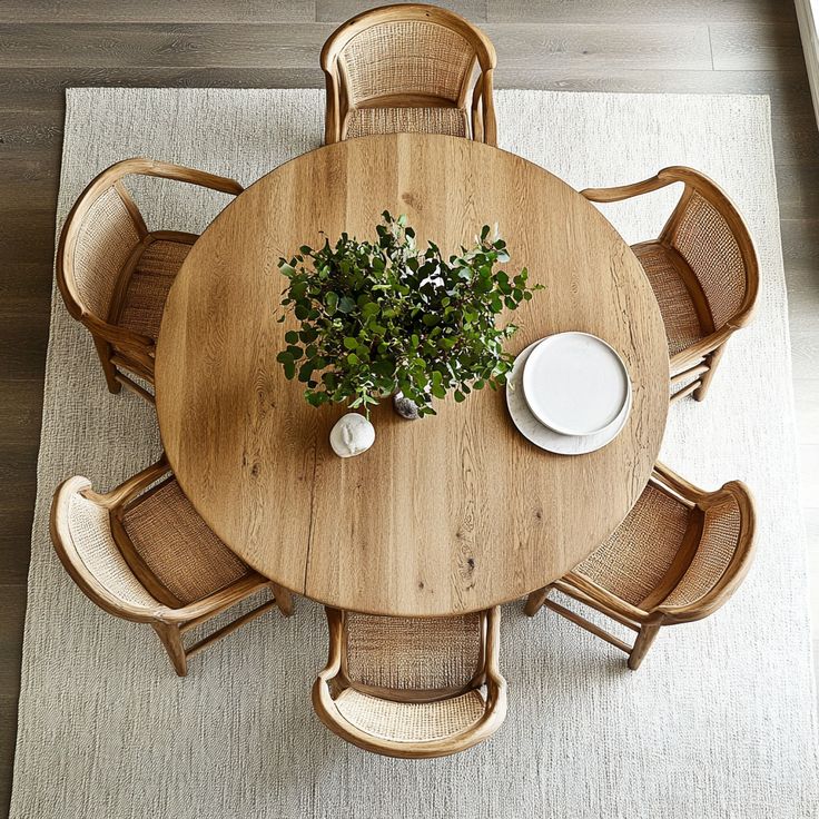 an overhead view of a wooden table with chairs and a potted plant on top