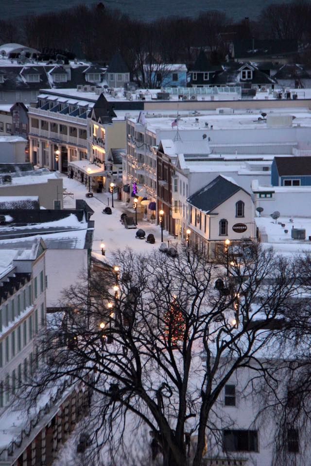 the city is covered in snow and lit up by street lights, trees, and buildings